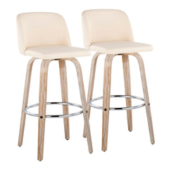 Toriano 30' Contemporary Fixed-Height Barstool with Swivel in Whitewashed Wood and Cream Faux Leather with Round Chrome Metal Footrest by LumiSource - Set of 2