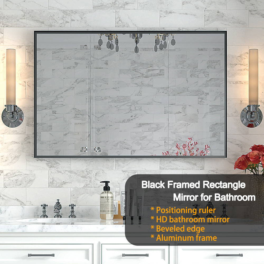 Black Rectangular Bathroom Mirror Square Angle Metal Frame 36x24inch (Horizontal & Vertical)