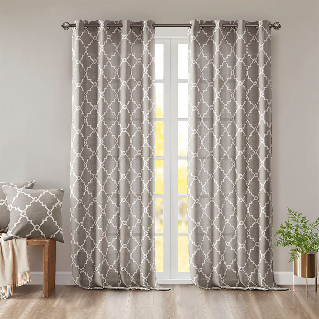 Fretwork Print Grommet Top Window Curtain Panel - Grey+White