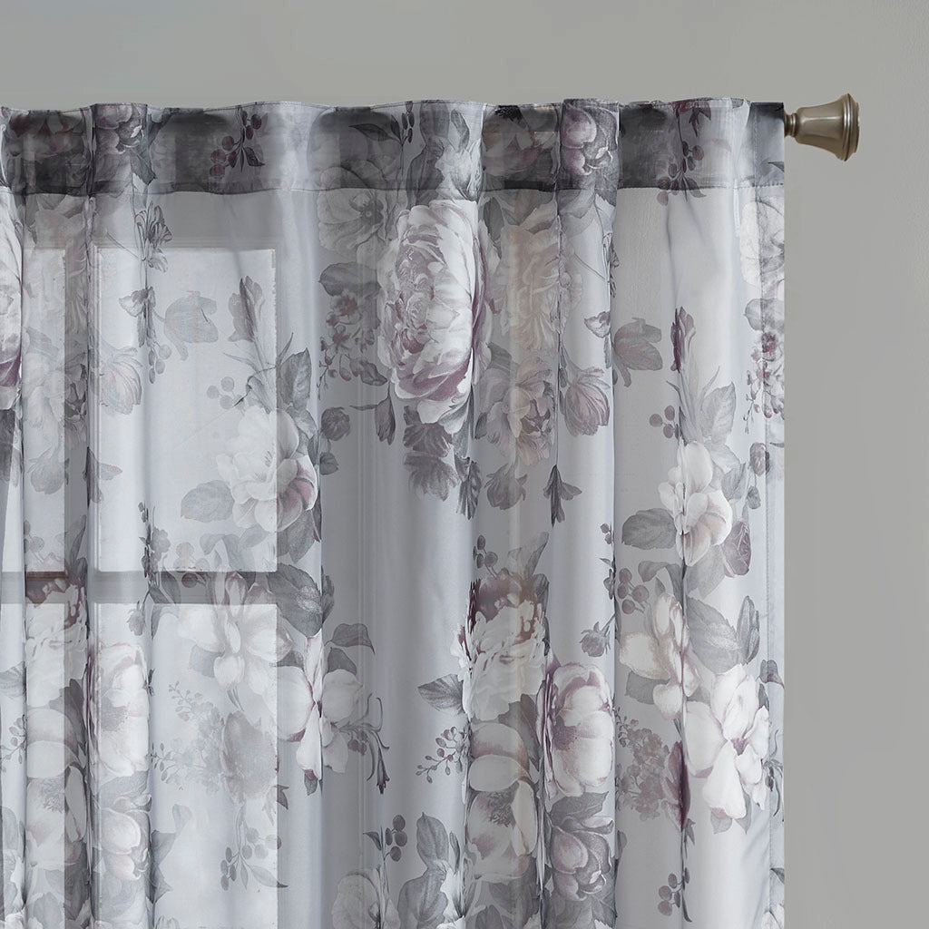 Printed Floral Rod Pocket and Back Tab Voile Sheer Curtain - Grey