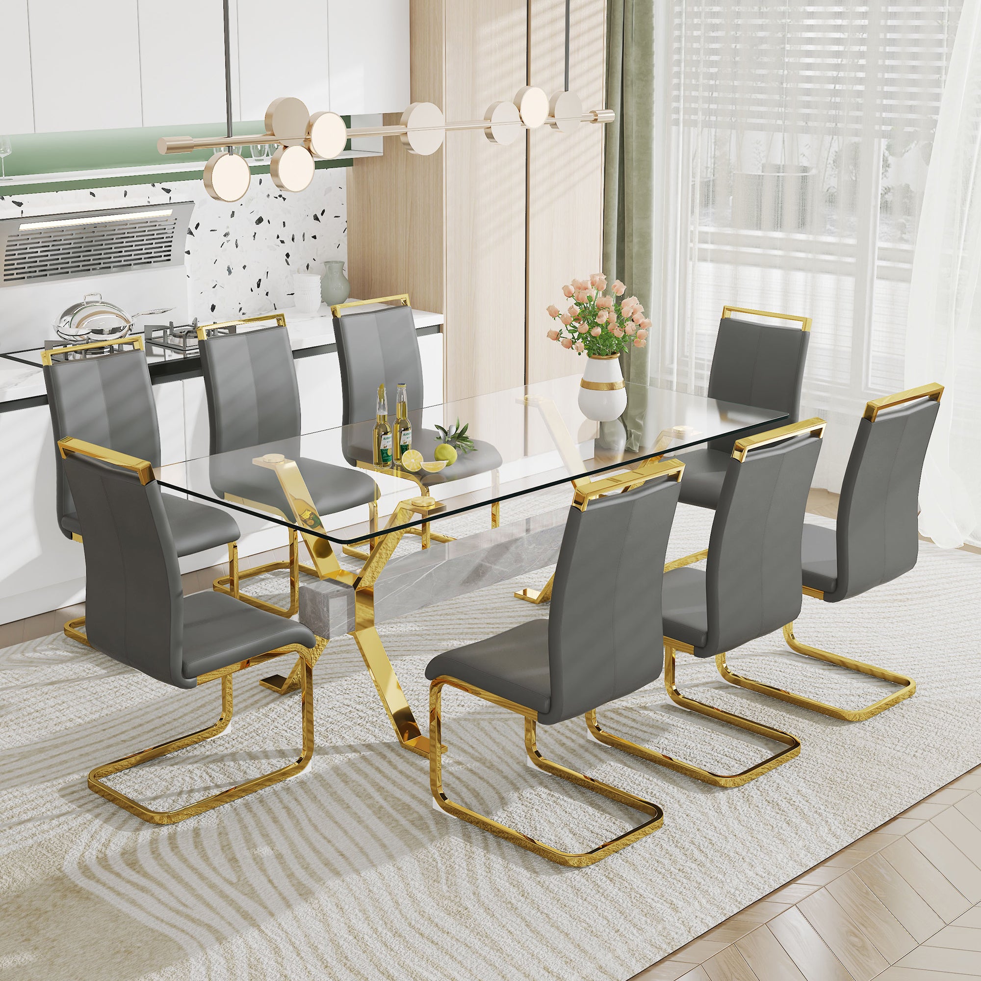 Modern Tempered Glass Dining Table - Transparent with Gold Plated Metal Legs (no chairs included))