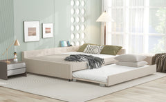 Queen Size Upholstered Platform Bed with USB and Twin Size Trundle - Beige