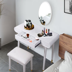 White Desk or Makeup Vanity Set with Stool, High Gloss Finish Dressing Table with Solid Stool (without Mirror)