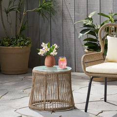 Boho Woven Rope Side Table - Brown
