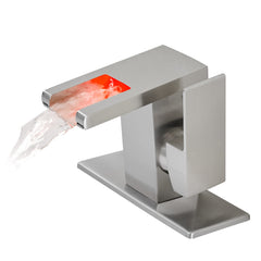 Bathroom Sink Faucet LED Light 3 Colors Changing Waterfall Glass - Brushed Nickel