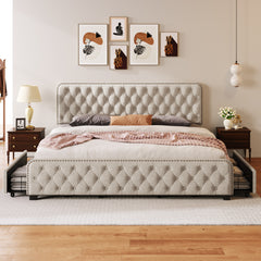 King Bed with Four Drawers, Button Tufted Headboard and Footboard Sturdy Metal Support, No Box Spring Required - Beige