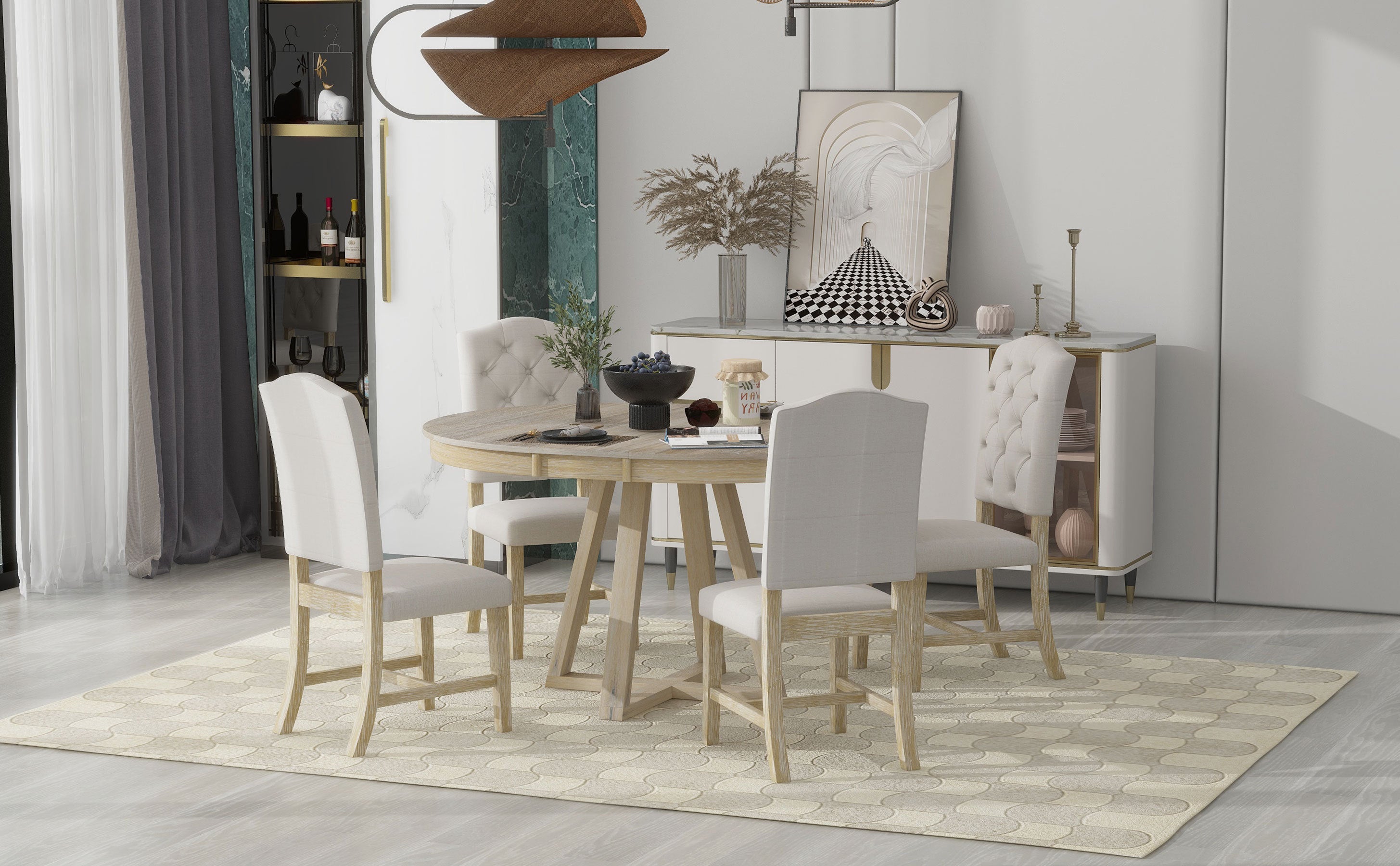 5-Piece Retro Functional Dining Set, Round Table with a 16"W Leaf and 4 Upholstered Chairs - Natural