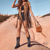 Women's Western Fringe Vest, Boho Style, Brown Suede with Tassels, Round Neck