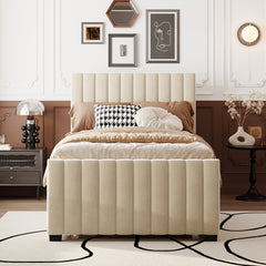 Twin Size Velvet Upholstered Platform Bed with Twin Size Trundle - Beige