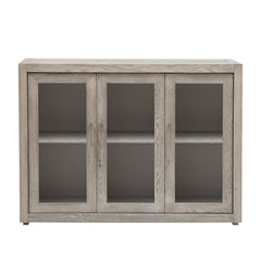 Wood Storage Cabinet with Three Tempered Glass Doors and Adjustable Shelf (Grey)