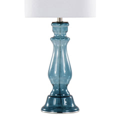25" Contemporary Table Lamp in Clear Angel Blue Seeded Glass, Polished Nickel and White Linen Shade- Set of 2