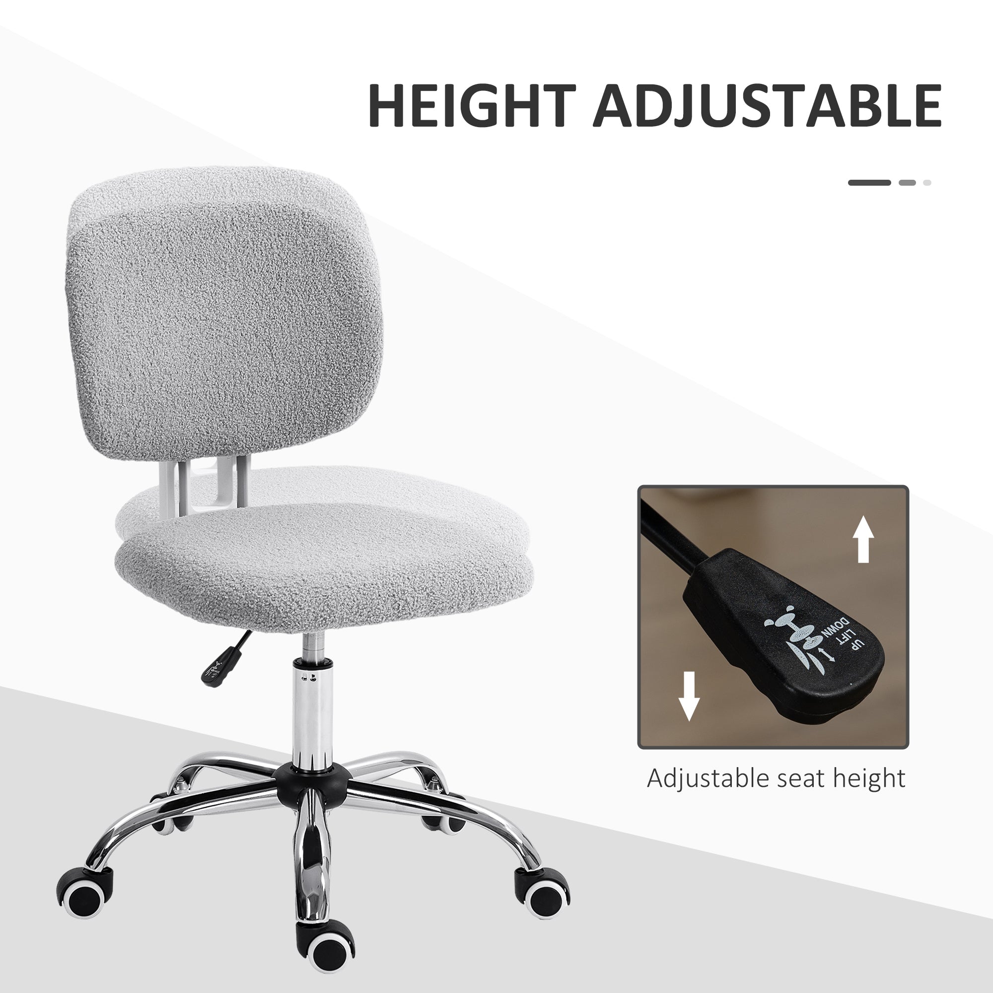 Teddy Fleece Fabric Computer Desk Chair with Adjustable Height- Light Gray