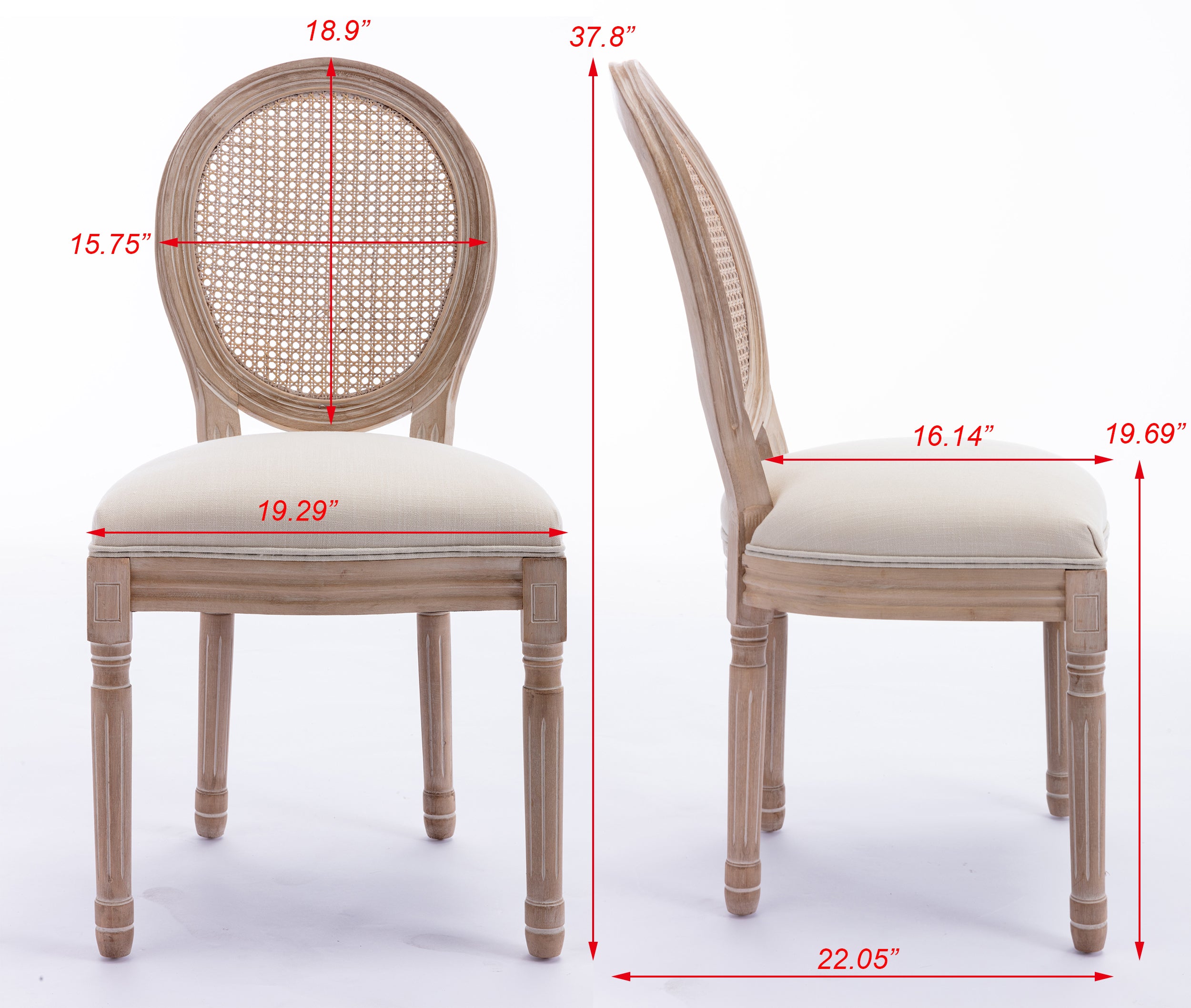 French Style Antique Painting Linen Fabric Rattan Back Dining Chair (Set of 2) - Cream