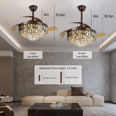 42"Chandelier Ceiling Fan Retractable Ceiling Fans with Lights and Remote Control 6 Speed LED 72w Dimmable Invisible
