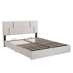 Queen Size Upholstered Platform Bed with Hydraulic Storage System, No Box Spring Needed - Beige