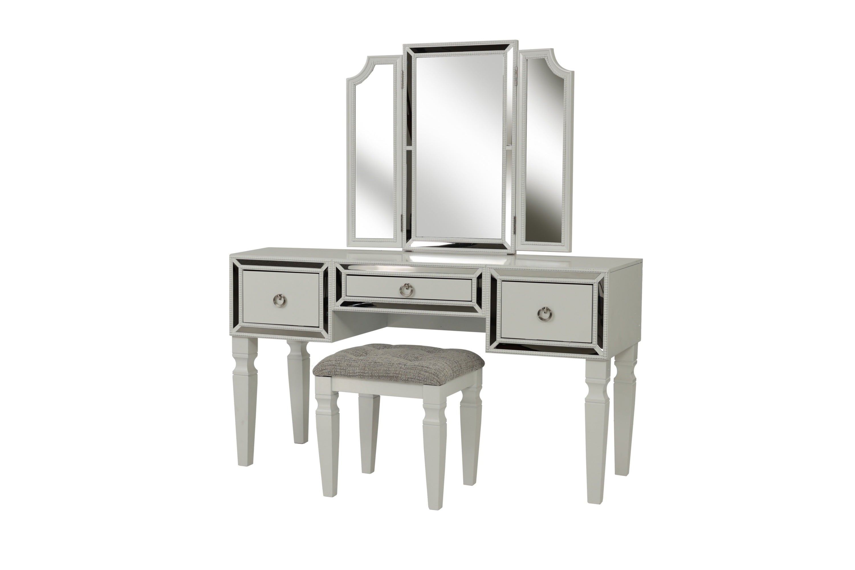 Luxurious Majestic Classic White Color Vanity Set w Stool 3-Storage Drawers 1pc Bedroom Furniture Set Tri-Fold Mirror