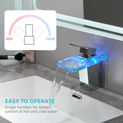 Bathroom Sink Faucet LED Light 3 Colors Changing Waterfall Glass Spout Hot Cold Water Mixer Single Handle Faucet Black