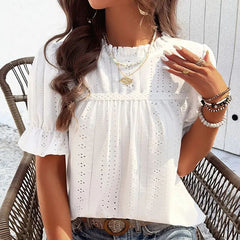 Women's Elegant Ruffle Detail Blouse Short Sleeve Round Neck Top