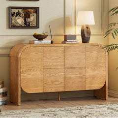 Buffet Cabinet with Storage, Wood Sideboard Cabinet with Curvy Edge, 4 Doors Retro Credenza Storage Cabinet with Adjustable Shelves for Living Room, Kitchen (Natural)
