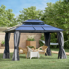 10'x12' Hardtop Gazebo Canopy with Polycarbonate Double Roof, Aluminum Frame, Permanent Pavilion Outdoor Gazebo with Netting and Curtains for Patio, Garden, Backyard, Deck, Lawn - Gray