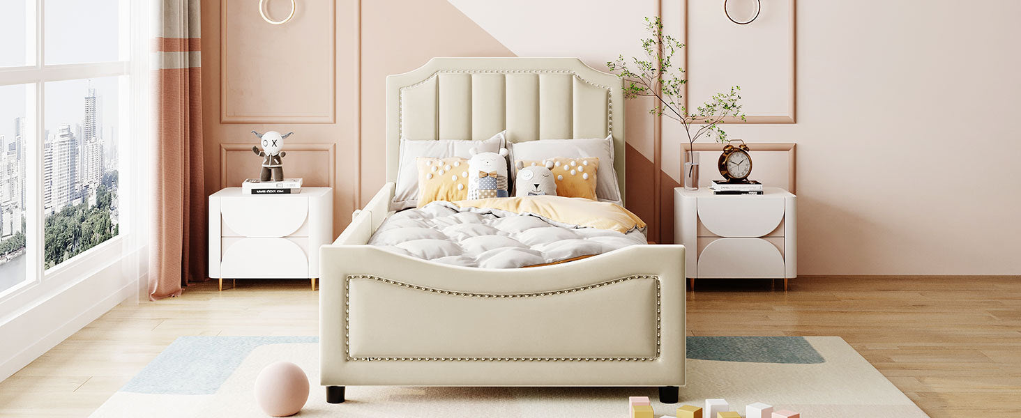Twin Size Upholstered Daybed with Classic Stripe Shaped  Headboard - Beige