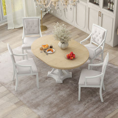 Retro 5-piece Dining Set Extendable Round Table and 4 Chairs - Oak Natural Wood + Antique White