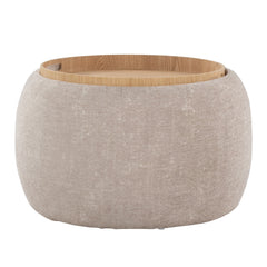 Tray Pouf Contemporary Ottoman in Natural Wood and Light Brown Fabric