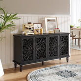 60' Antique Buffet Cabinet with Floral Carvings with Solid Wood Legs&Antique Brass Handles&Adjustable Shelves, TV Stand for 65''+ TV, Sideboard for Living Room,Dining Room (Black)