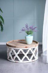 French Country Rustic Round Wooden Coffee Table - White