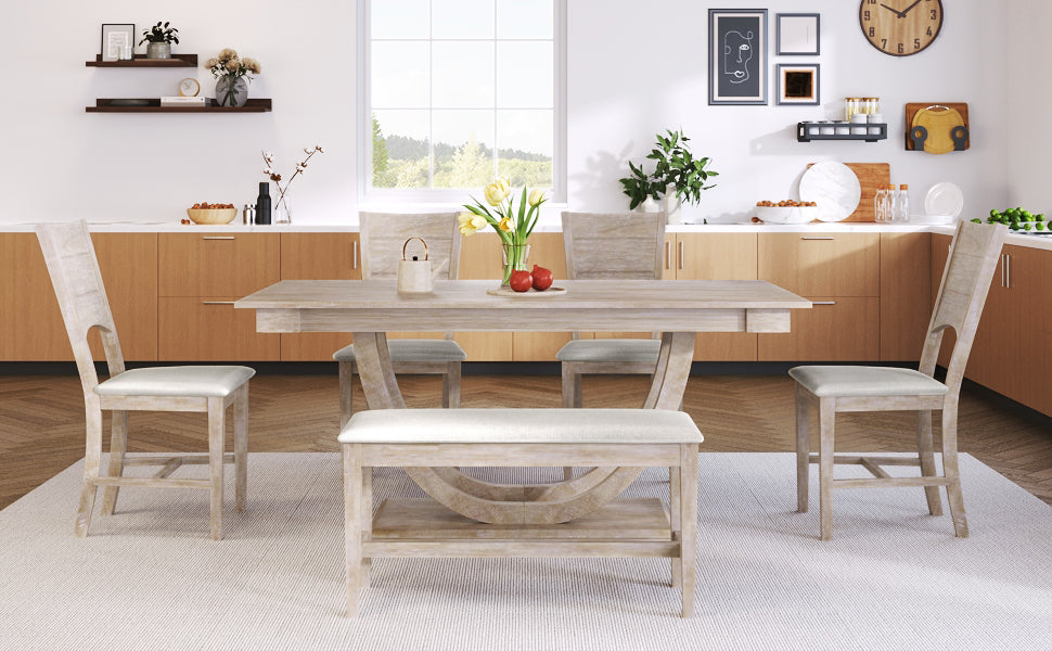 Modern Style 6-Piece Wood Half Round Dining Table Set with Long Bench and 4 Dining Chairs - Natural