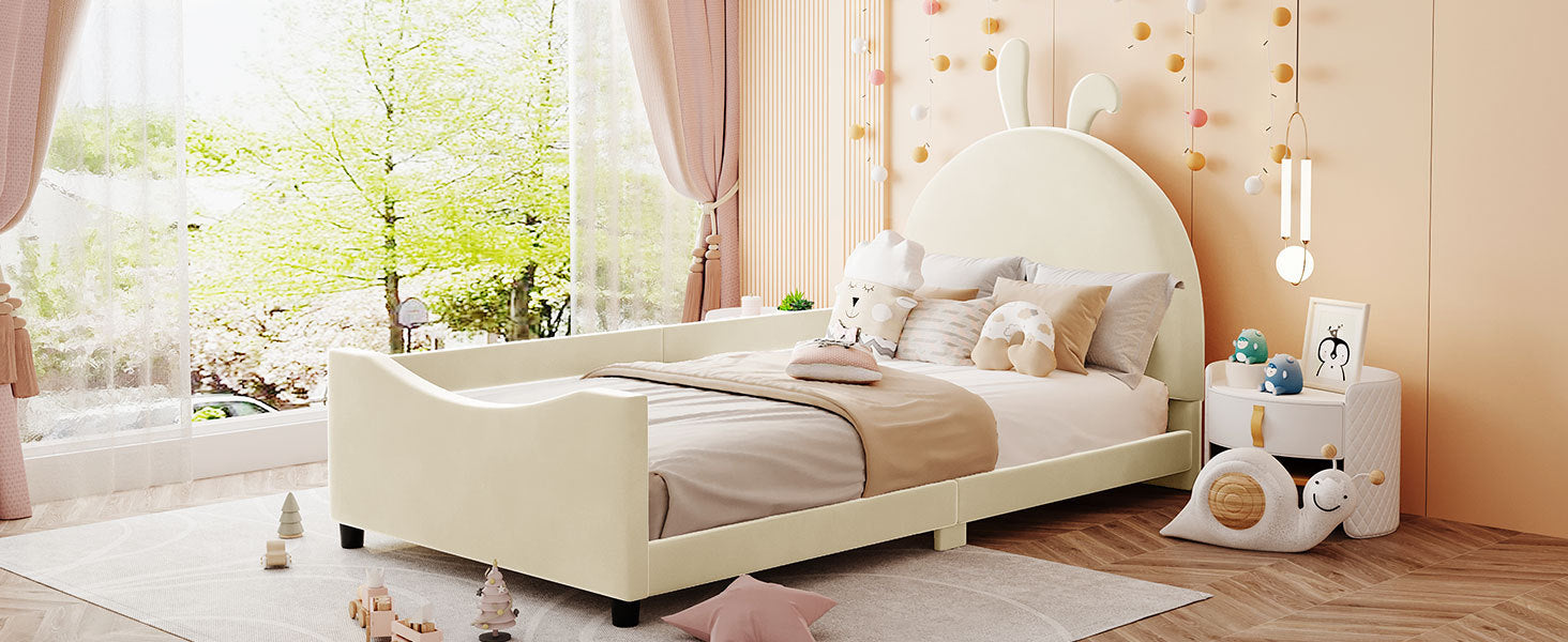 Twin Size Upholstered Daybed with Rabbit Ear Shaped Headboard - Beige