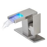 Bathroom Sink Faucet LED Light 3 Colors Changing Waterfall Glass - Brushed Nickel