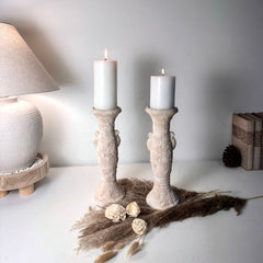 Set of 2 candlestick tray holders hand-painted and textured minimalist roman style 12" tall - Cream Sand wash
