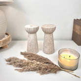 Set of 2 Textured Hand-Painted Candlestick 10" tall - Beige Washed