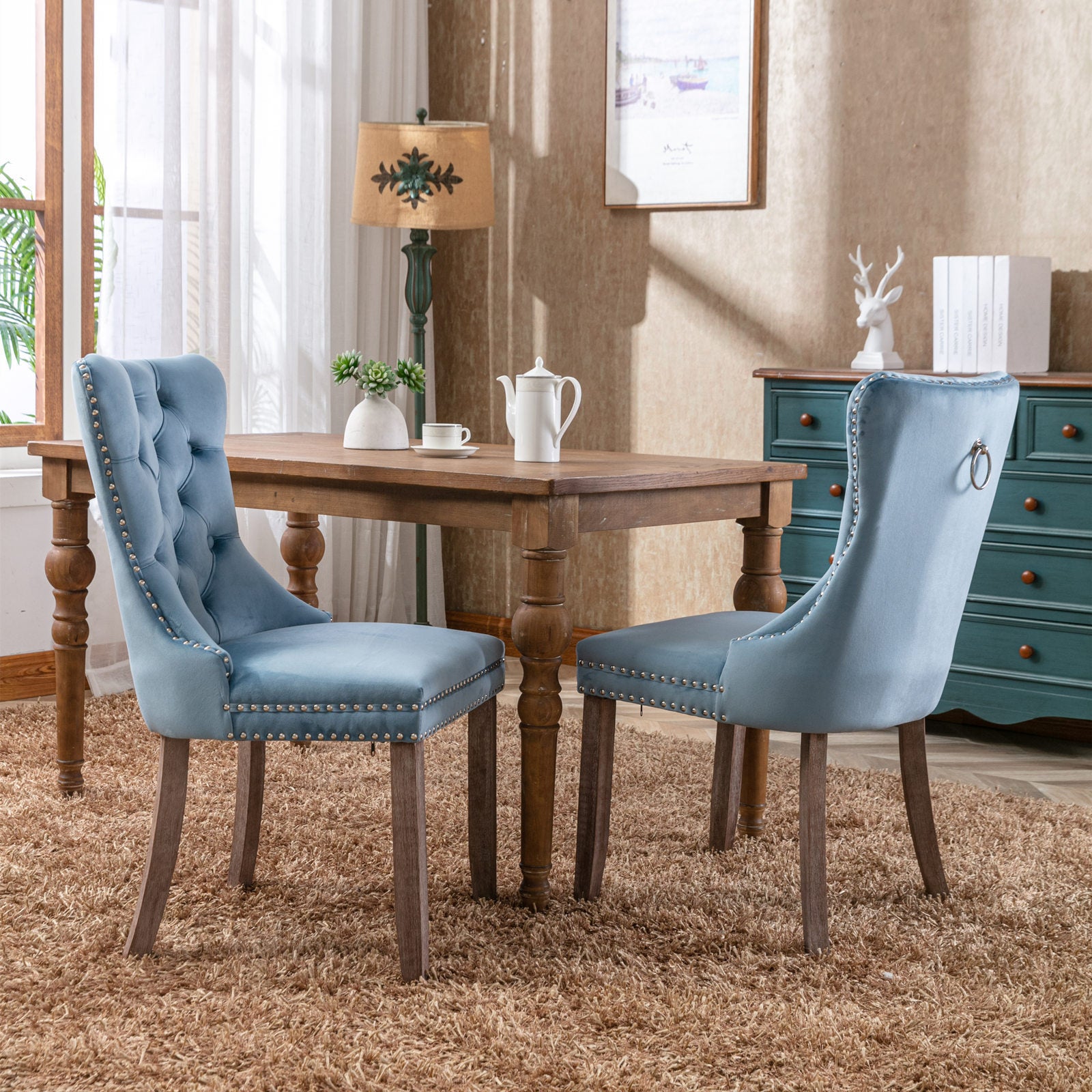 High-end Tufted Solid Wood Contemporary Velvet Upholstered Dining Chair with Wood Legs Nailhead Trim 2-Pcs Set, Light Blue