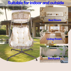 Swing Egg Chair with Stand Indoor Outdoor, UV Resistant Black Cushion with Cup Holder, Wicker Rattan Frame with Sunshade Cloth