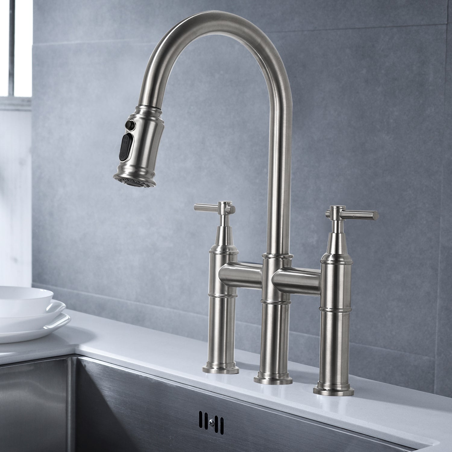 Bridge Kitchen Faucet with Pull-Down Sprayhead in Spot - Brushed Nickel
