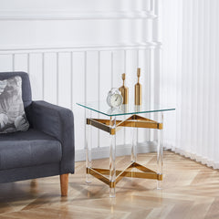 Gold Stainless Steel With Acrylic Frame Clear Glass Top End Table