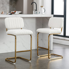 Modern Counter Height Bar Stools for Kitchen Set of 2, Armless Bar Chairs with Gold Metal Chrome Base - Ivory