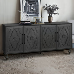 Carved Flower Door Large Storage Cabinet With Metal Handle Suitable For Living Room, Kitchen, Entryway - Black