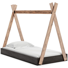 Modern Twin Size Bed, Crossed Wood A Frame Tent Stand, Jet Black Base