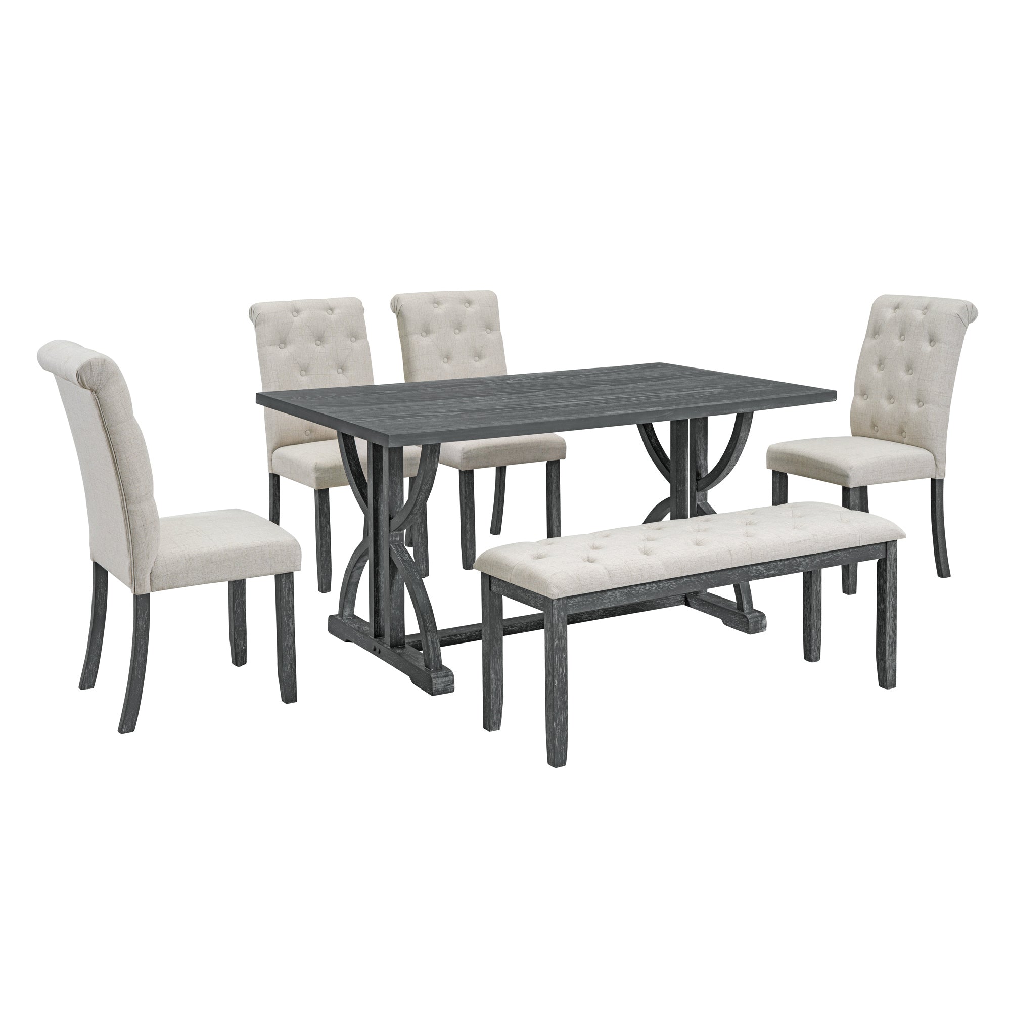 6-Piece Retro Rectangular Dining Table Set, Table with Unique Legs and 4 Upholstered Chairs & 1 Bench - Grey Wash