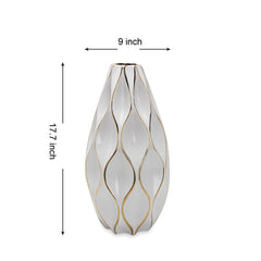 18"H Elegant White Ceramic Vase with Gold Accents