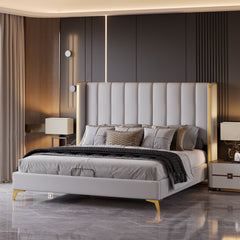 King Size Bed Frame, 56" Tall Headboard Channel Tufted Upholstered - Light Grey