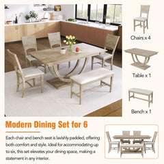 Modern Style 6-Piece Wood Half Round Dining Table Set with Long Bench and 4 Dining Chairs - Natural