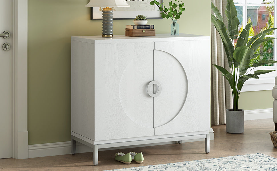 Accent Cabinet with Solid Wood Veneer and Metal Leg Frame for Living Room, Entryway, Dining Room - White