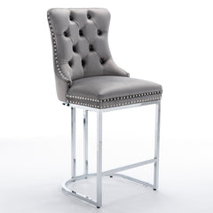 Set of 2, 26" Counter Height Modern Velvet Barstools with Button Back&Rivet Trim Upholstered Kitchen Island Chairs with Sturdy Chromed Metal Base Legs Farmhouse - Gray
