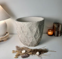 Minimalist Hand-Painted & Textured Planter Pot 14" tall with drainage hole one time creation - Cream
