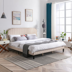 King Size Bed with Headboard Solid Wood Frame, Nailhead Trim - Beige
