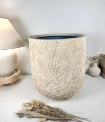 Minimalist Hand-Painted & Textured Planter Pot 17.5" tall with drainage hole one time creation - cream sand washed